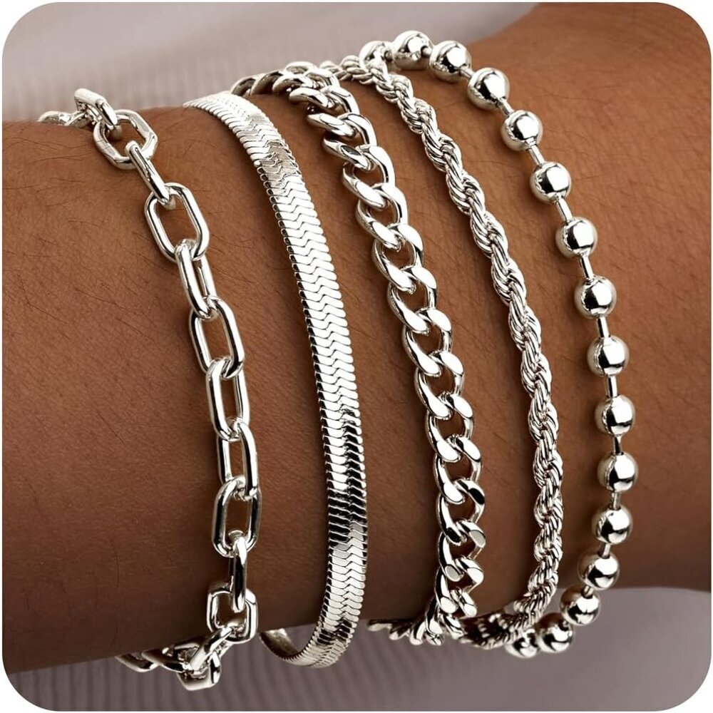 Silver-Dainty Stack Cuban Beaded Paperclip Bracelets Jewelry Gifts for Women
